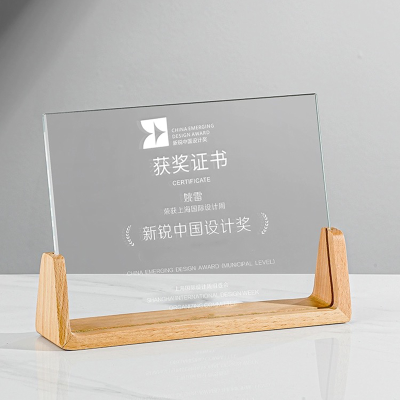 Cheap Customized Glass Wood Shield Trophy UV Printing Awards Blank Plaque With Wooden Base