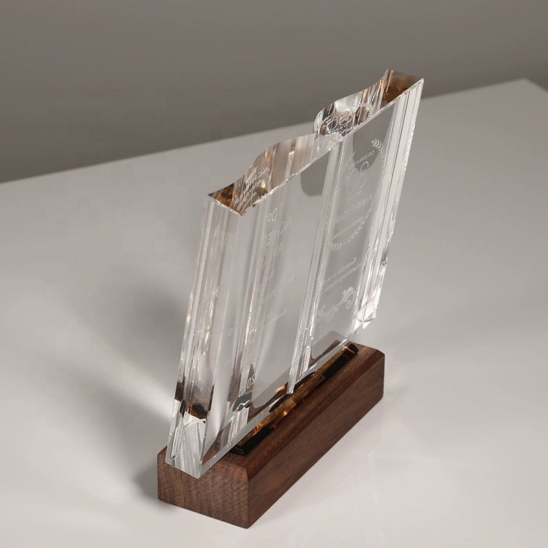 Creative Ideas Retirement Crystal Glass Book Shaped Awards Wooden Base Recognition Plaque Gifts for Teachers Coworkers Nurse