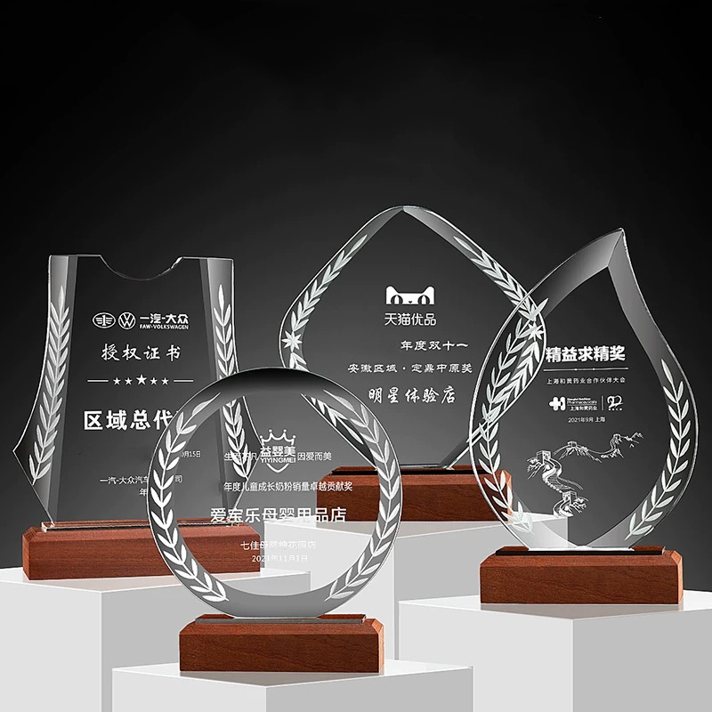 Trophy Manufacturer Company  Wholesale  Blank Wood Award Plaques Crystal Awards Trophies Crystal Glass Wooden Base Trophy