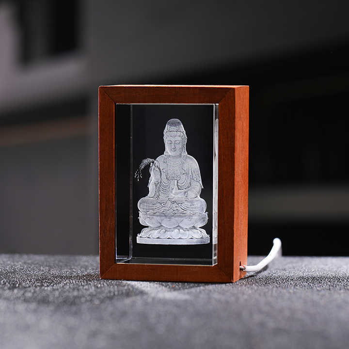 Custom Religious Crystal Crafts 3D Laser Engrave Buddha Statue Photos Crystal Cube With LED Wooden Frame Base