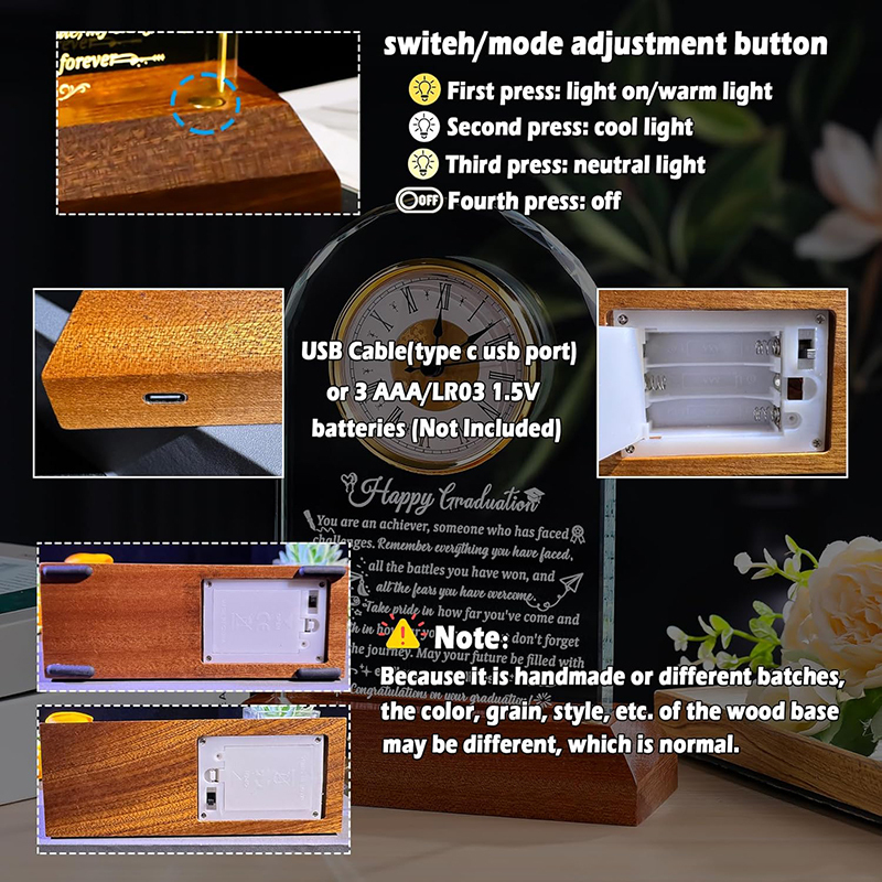 Luxury Quartz Crystal Engravable Table Clock Thank You Gifts Glass Office Desk Clock Awards Plaque With Wooden LED Light Base