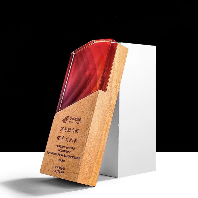 Color Printing Wood Trophy Awards Sandblasting Crystal Prize Trophy Crystal Glass Plaque Award WIth Wooden Base