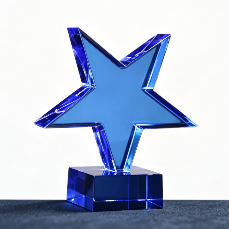 Cheap Wholesale Blue Star Crystal Trophy Custom Logo UV Printing Personalized Crystal Star Award Factory Customizable