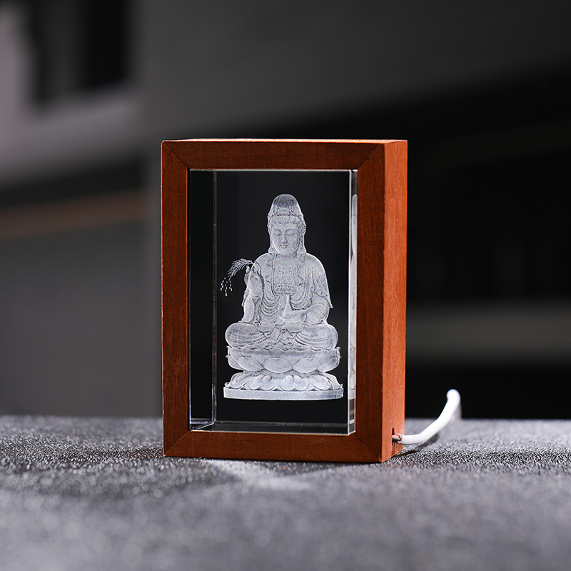 Custom Religious Crystal Crafts 3D Laser Engrave Buddha Statue Photos Crystal Cube With LED Wooden Frame Base