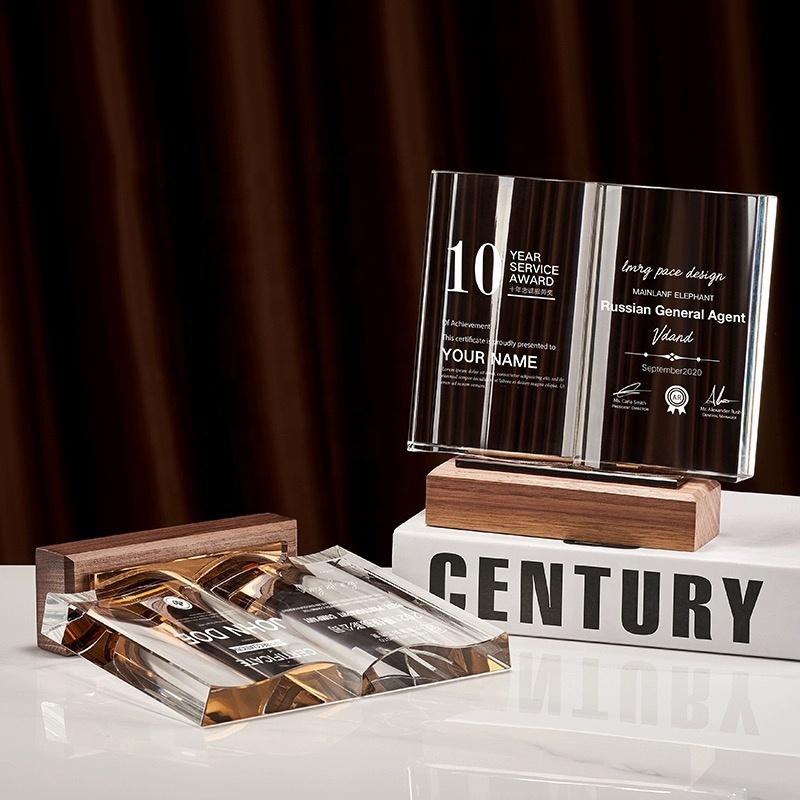 Creative Ideas Retirement Crystal Glass Book Shaped Awards Wooden Base Recognition Plaque Gifts for Teachers Coworkers Nurse