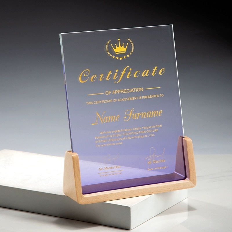 Cheap Customized Glass Wood Shield Trophy UV Printing Awards Blank Plaque With Wooden Base