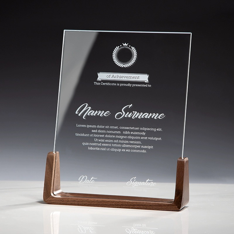 Cheap Customized Glass Wood Shield Trophy UV Printing Awards Blank Plaque With Wooden Base