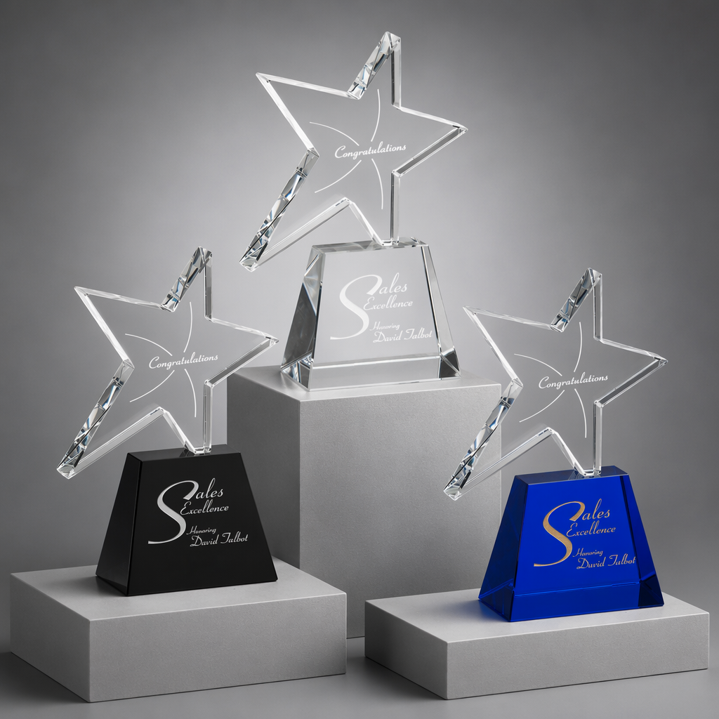 Noble Colored Crystal Star Trophy Award Custom Bespoke Logo Promotional Business Achievement Star Trophy Awards