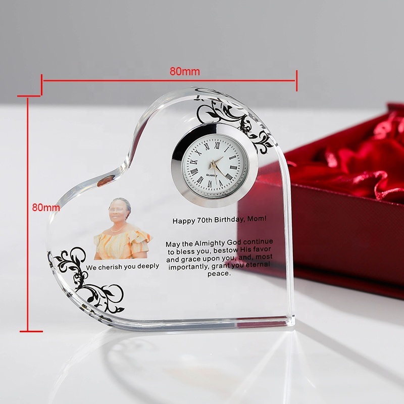 2025 Retail Hot Sale Father's Day Mother's Day Gift Valentine Family Memento Crystal Heart Clock Custom