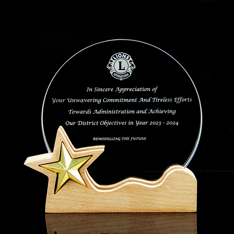 2025 Hot Sale Colorful Crystal Round Shape Trophy Medal Engraved Wooden Base With Gold Metal Star Honor Award Custom