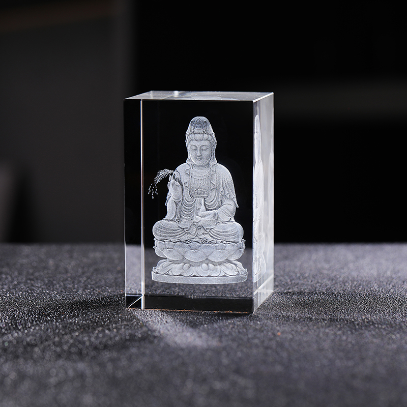 Custom Religious Crystal Crafts 3D Laser Engrave Buddha Statue Photos Crystal Cube With LED Wooden Frame Base