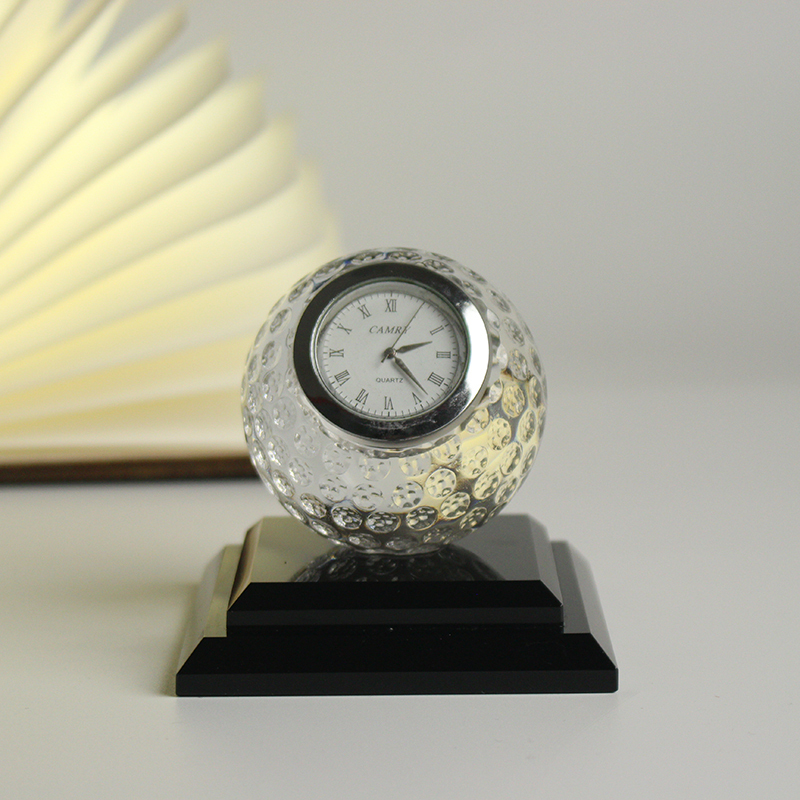 Fashion Crystal Glass Golf Ball Desk Clock for Office Gift Decoration