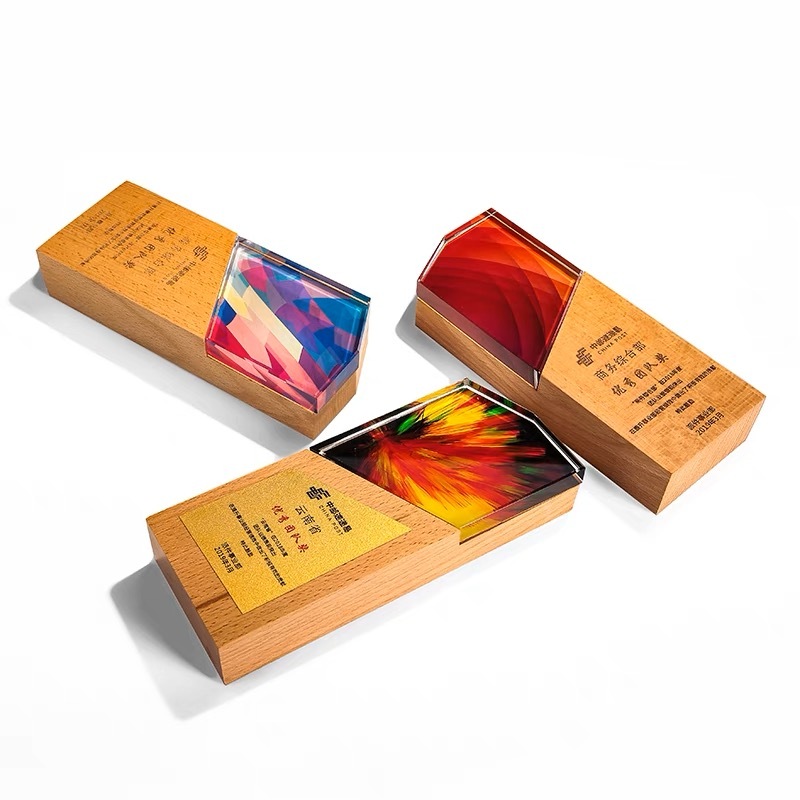 Color Printing Wood Trophy Awards Sandblasting Crystal Prize Trophy Crystal Glass Plaque Award WIth Wooden Base
