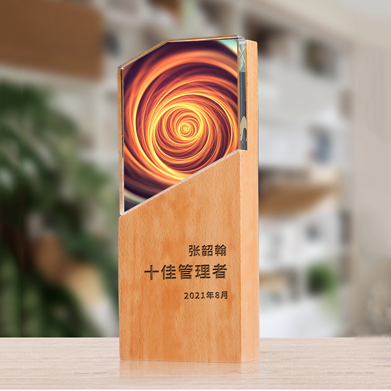 Color Printing Wood Trophy Awards Sandblasting Crystal Prize Trophy Crystal Glass Plaque Award WIth Wooden Base