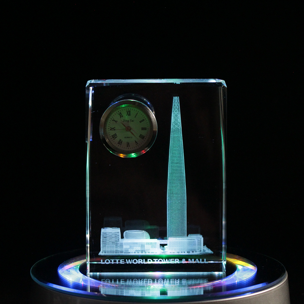 Unique Promotional Souvenirs Desk Crystal Glass Office Clock With Custom Buildings Logo