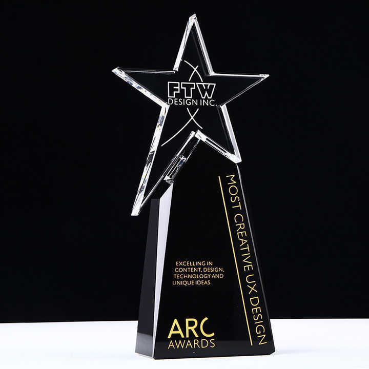 Manufacture Engraved Star Awards Custom  Black Glass Blank Trophy and Medals with Star for Retirement Sponsor Appreciation