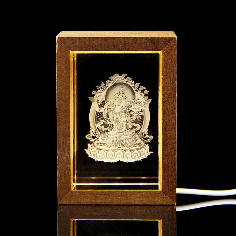 Custom Religious Crystal Crafts 3D Laser Engrave Buddha Statue Photos Crystal Cube With LED Wooden Frame Base