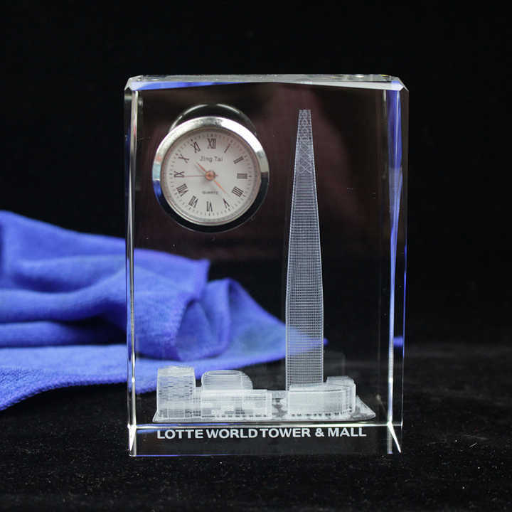 Unique Promotional Souvenirs Desk Crystal Glass Office Clock With Custom Buildings Logo
