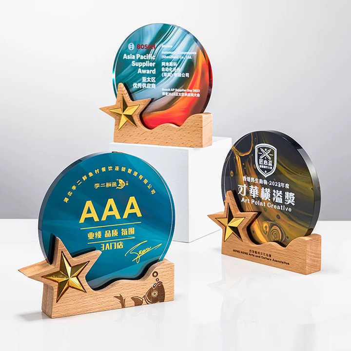 2025 Hot Sale Colorful Crystal Round Shape Trophy Medal Engraved Wooden Base With Gold Metal Star Honor Award Custom