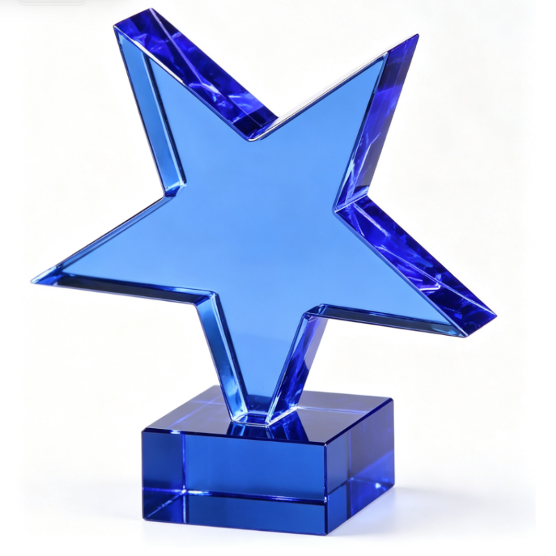 Cheap Wholesale Blue Star Crystal Trophy Custom Logo UV Printing Personalized Crystal Star Award Factory Customizable