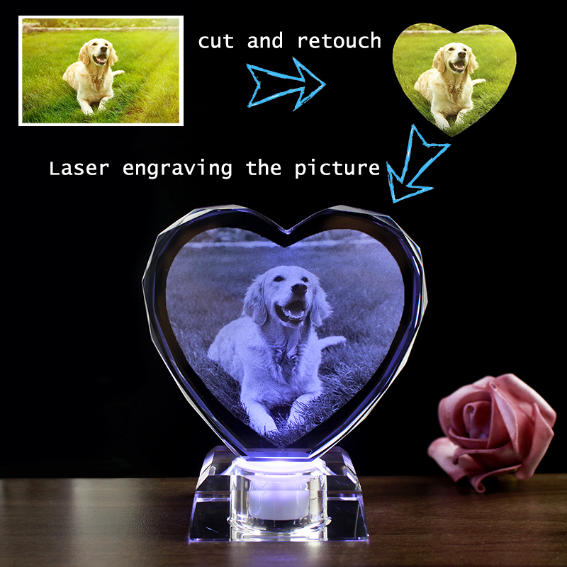 Unique Personalized Picture Etched Engraved Crystal Heart Engraved Photo Prize With LED Light Base