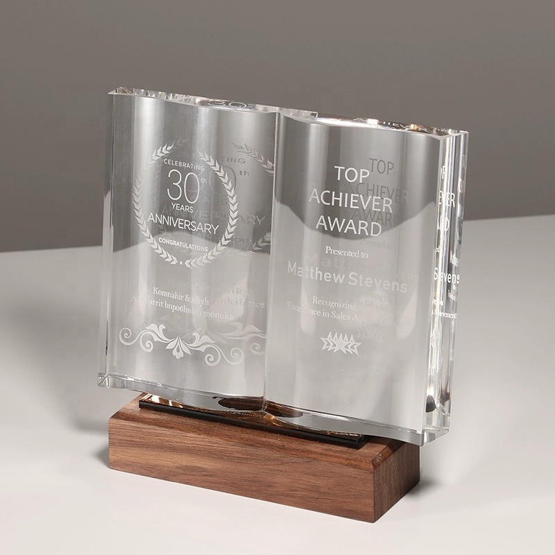 Creative Ideas Retirement Crystal Glass Book Shaped Awards Wooden Base Recognition Plaque Gifts for Teachers Coworkers Nurse