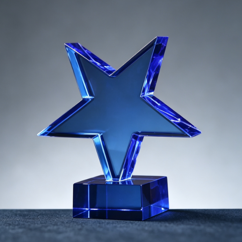 Cheap Wholesale Blue Star Crystal Trophy Custom Logo UV Printing Personalized Crystal Star Award Factory Customizable