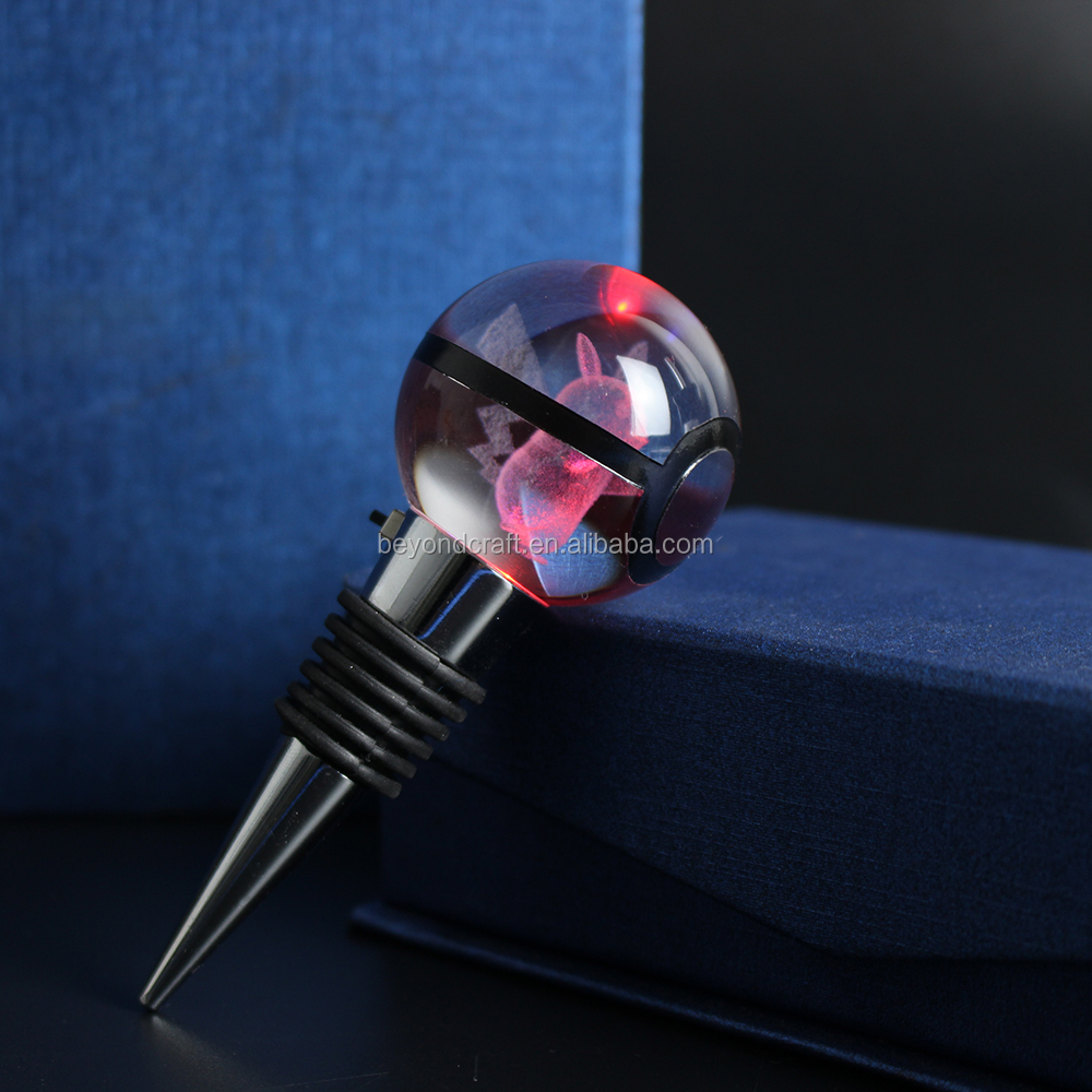 Newly Design Pokemon Ball Crystal Wine Bottle Stopper Glass LED Bottle Stopper Party Decoration