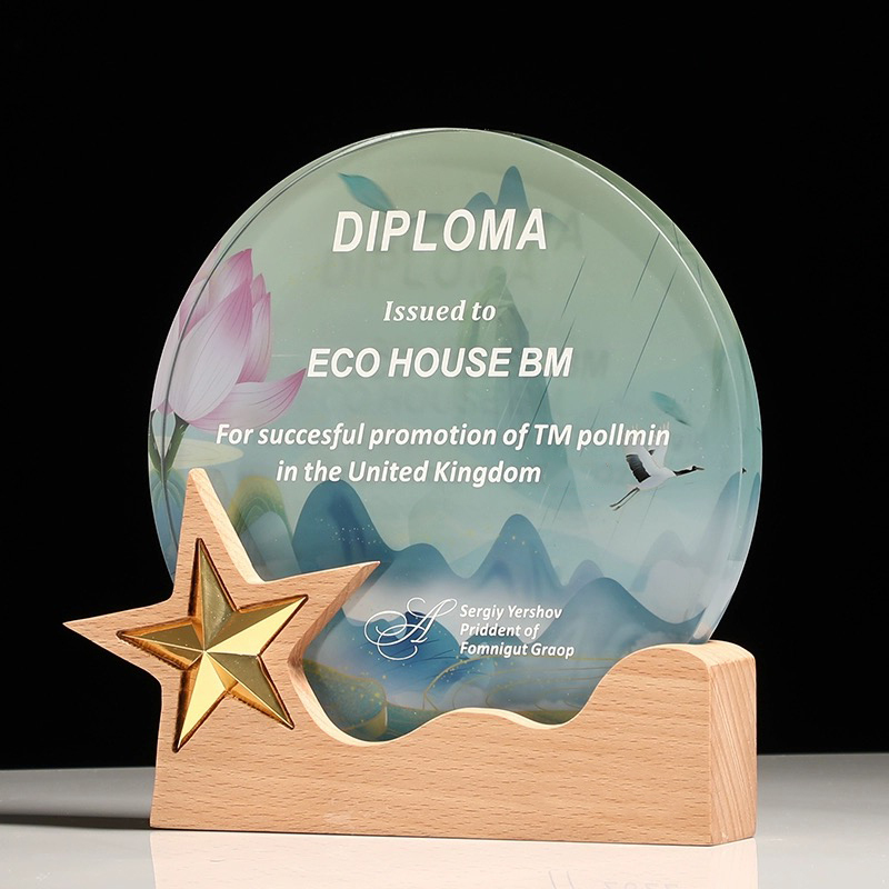 2025 Hot Sale Colorful Crystal Round Shape Trophy Medal Engraved Wooden Base With Gold Metal Star Honor Award Custom
