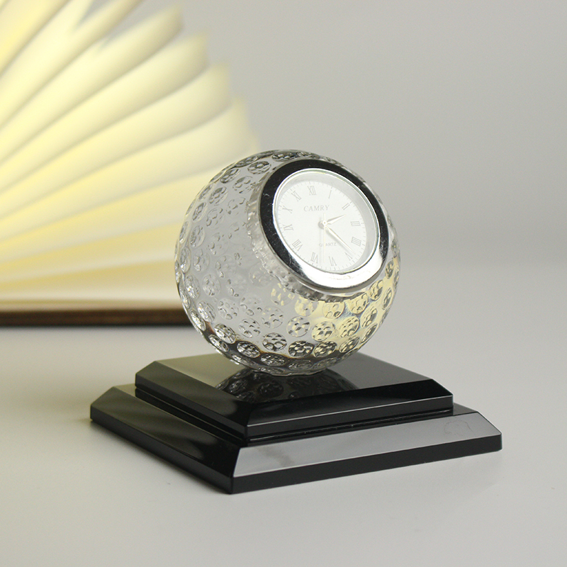 Fashion Crystal Glass Golf Ball Desk Clock for Office Gift Decoration