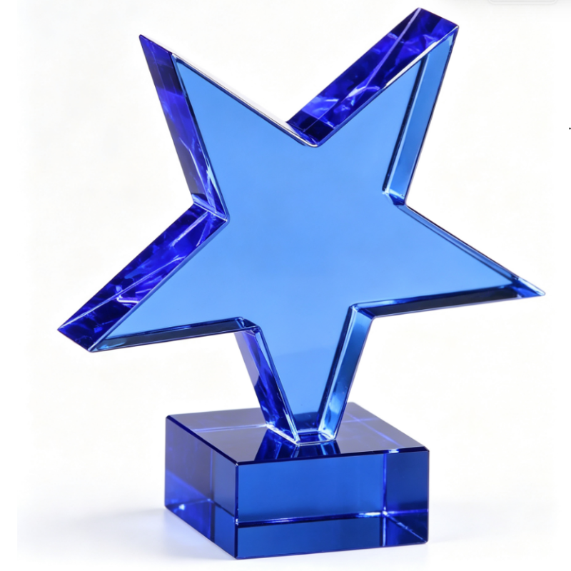 Cheap Wholesale Blue Star Crystal Trophy Custom Logo UV Printing Personalized Crystal Star Award Factory Customizable