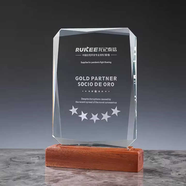 Diamond Cut Crystal Blank Awards Personalized Corporate Recognition Wooden Plaque Award Staff Contribution Medals Trophy