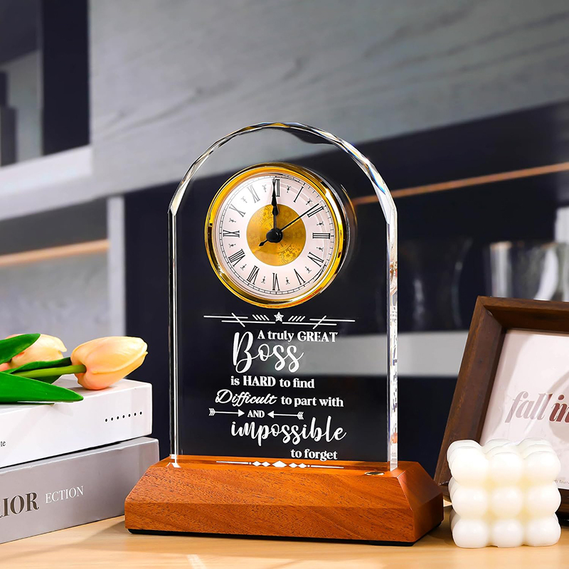 Luxury Quartz Crystal Engravable Table Clock Thank You Gifts Glass Office Desk Clock Awards Plaque With Wooden LED Light Base