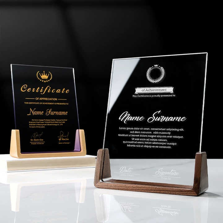 Cheap Customized Glass Wood Shield Trophy UV Printing Awards Blank Plaque With Wooden Base