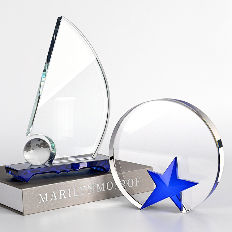 Shining Hot Selling Customized  Blue Star  Crystal Trophy  Glass Office Decoration Blank Trophy