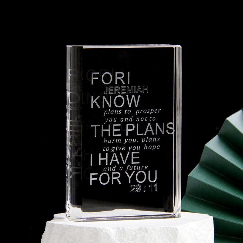 Custom Simple Design Clear Crystal Book Shape Trophy Award Glass Plaque for Quiz Debate Competition Trophy Souvenirs