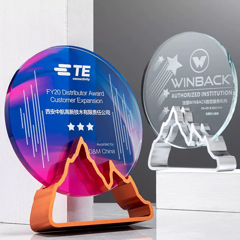 Trophy Factory Wholesale Gold Silver Copper Colorful Metal Base Round Blank Crystal Glass Trophy Award Plaque