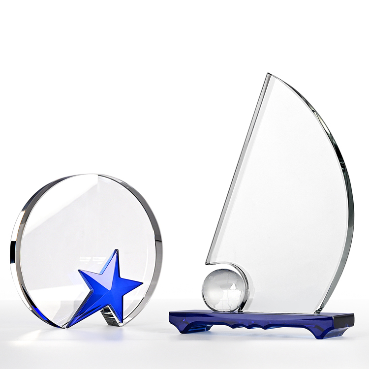 Shining Hot Selling Customized  Blue Star  Crystal Trophy  Glass Office Decoration Blank Trophy