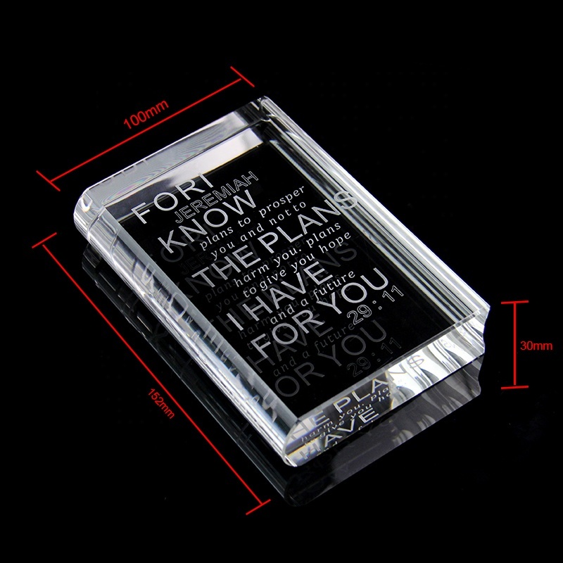 Custom Simple Design Clear Crystal Book Shape Trophy Award Glass Plaque for Quiz Debate Competition Trophy Souvenirs