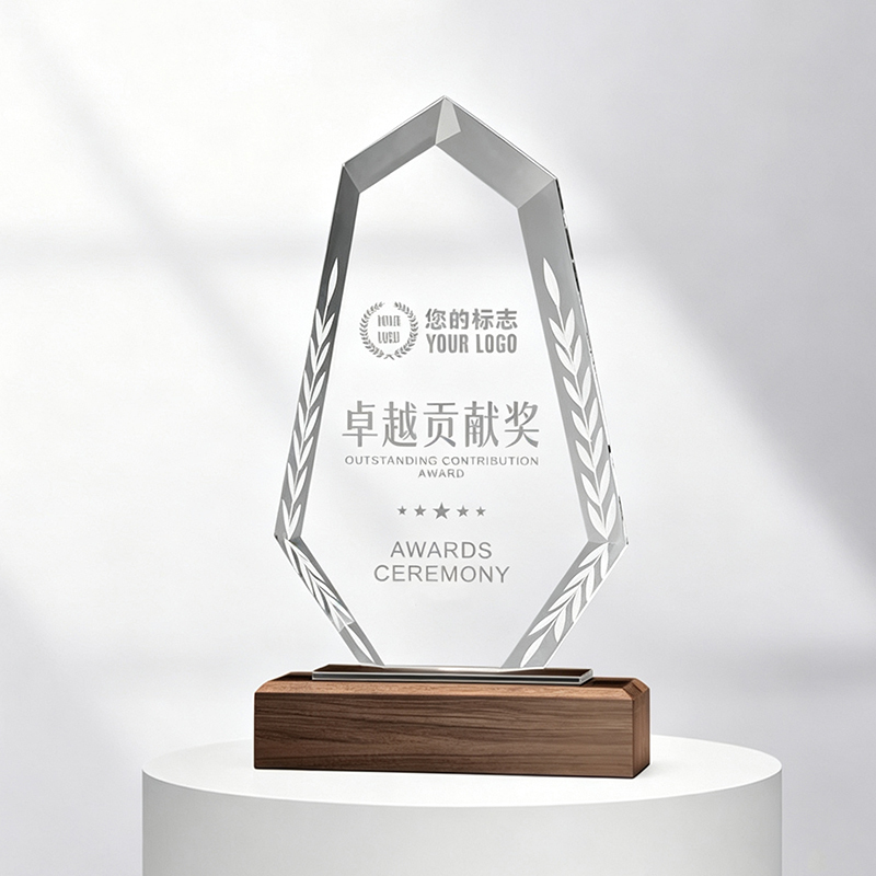 Elegant Blank Wooden Base Crystal Shield Wheat Trophy School Knowledge Competition Academic Honor Trophy Award Souvenirs