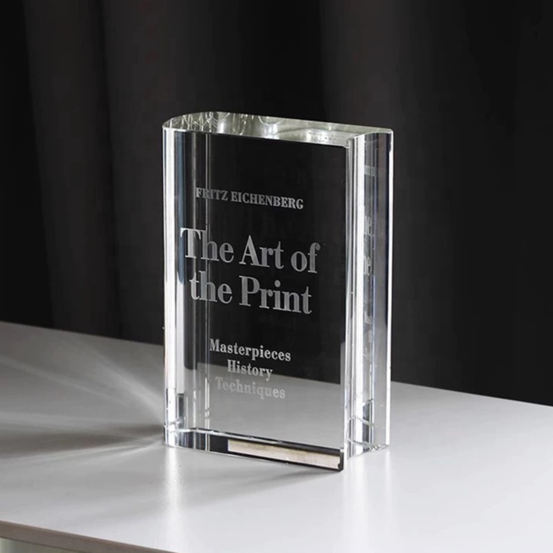 Custom Simple Design Clear Crystal Book Shape Trophy Award Glass Plaque for Quiz Debate Competition Trophy Souvenirs