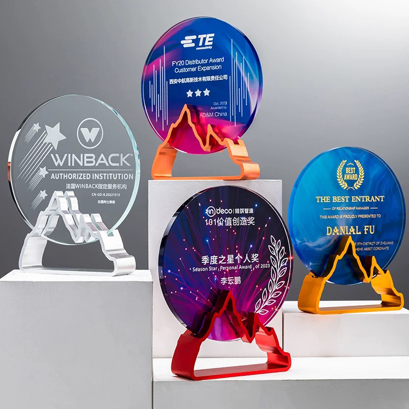 Trophy Factory Wholesale Gold Silver Copper Colorful Metal Base Round Blank Crystal Glass Trophy Award Plaque