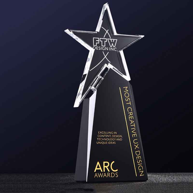 Manufacture Engraved Star Awards Custom  Black Glass Blank Trophy and Medals with Star for Retirement Sponsor Appreciation
