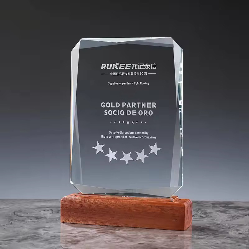 Diamond Cut Crystal Blank Awards Personalized Corporate Recognition Wooden Plaque Award Staff Contribution Medals Trophy