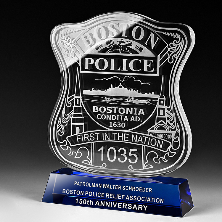 Shining  Customized Crystal Glass Cube Trophy Blue Base With Laser Printing Shield Shape Company Awards for Gift Purposes