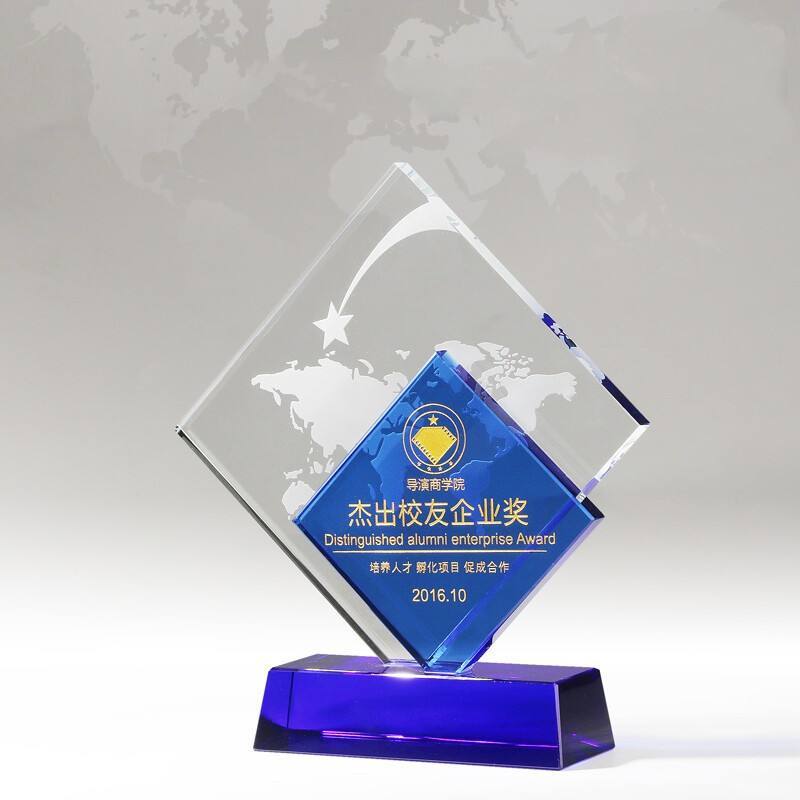 New Wholesale clear Blue Color Optic Crystal Award Trophy Customized logo Sandblasted Crystal Awards