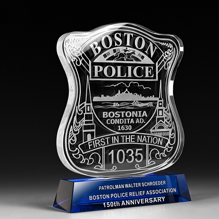 Shining  Customized Crystal Glass Cube Trophy Blue Base With Laser Printing Shield Shape Company Awards for Gift Purposes
