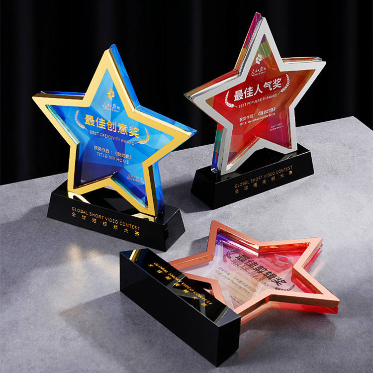 Wholesale Sublimation Trophy Custom Metal Pentagram Gold Silver Bronze Sports Event Awards Crystal Star Trophy