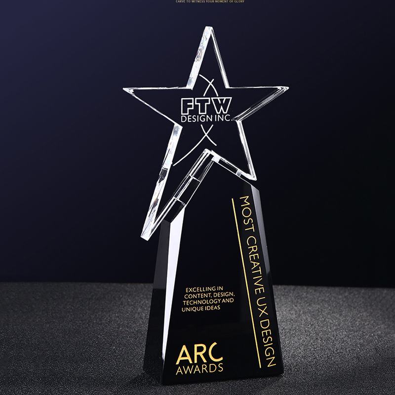 Manufacture Engraved Star Awards Custom  Black Glass Blank Trophy and Medals with Star for Retirement Sponsor Appreciation
