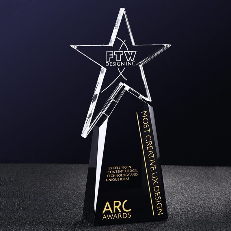 Manufacture Engraved Star Awards Custom  Black Glass Blank Trophy and Medals with Star for Retirement Sponsor Appreciation